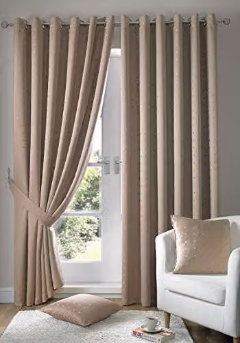 Alan Symonds Madison Eyelet Fabric Curtains in Beige with Dobby Jacquard Pattern, W: 168.4 cm, H: 228.6 cm
