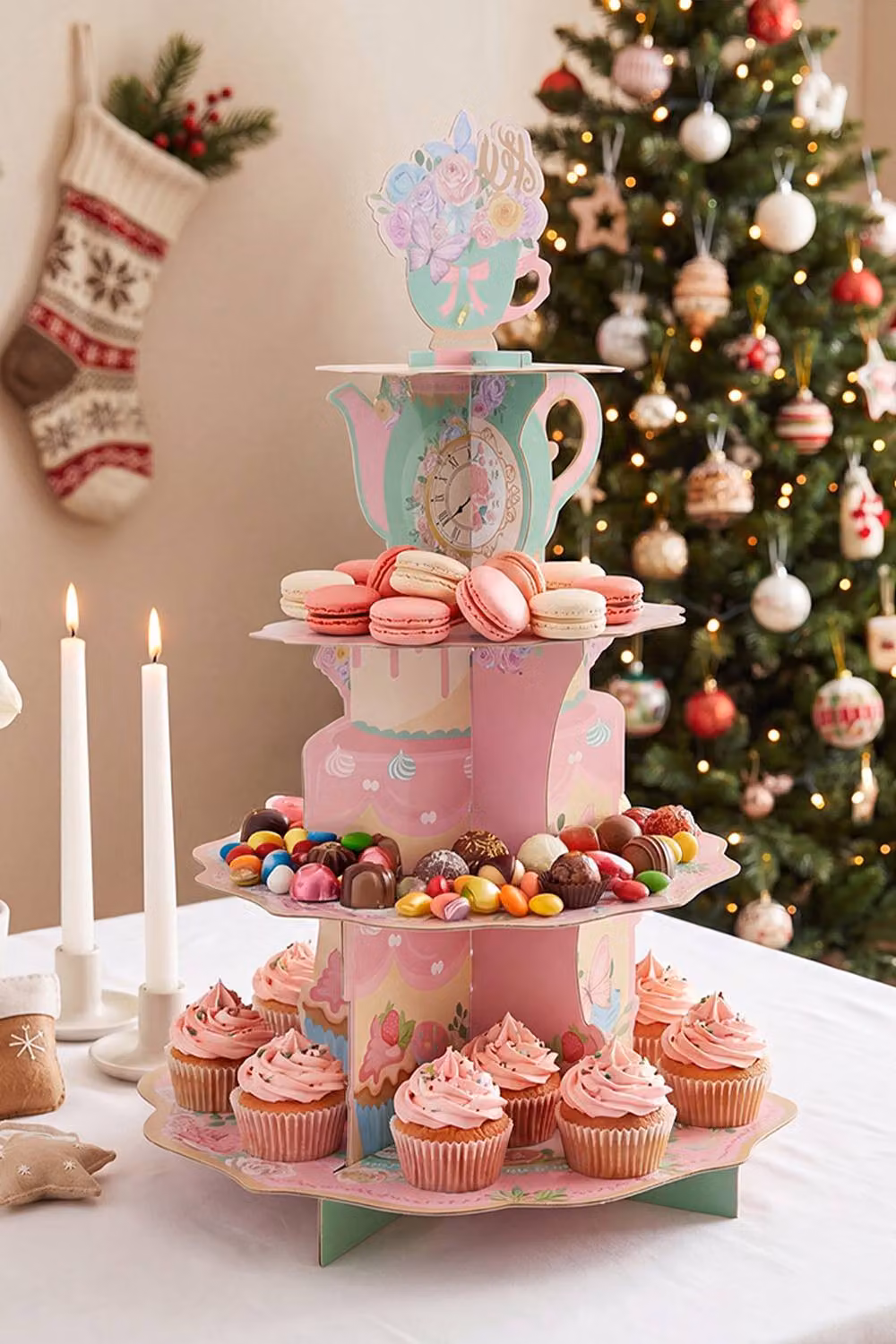 Living and Home 3-Tier Floral Cardboard Cupcake Display Stand in Pink – 2