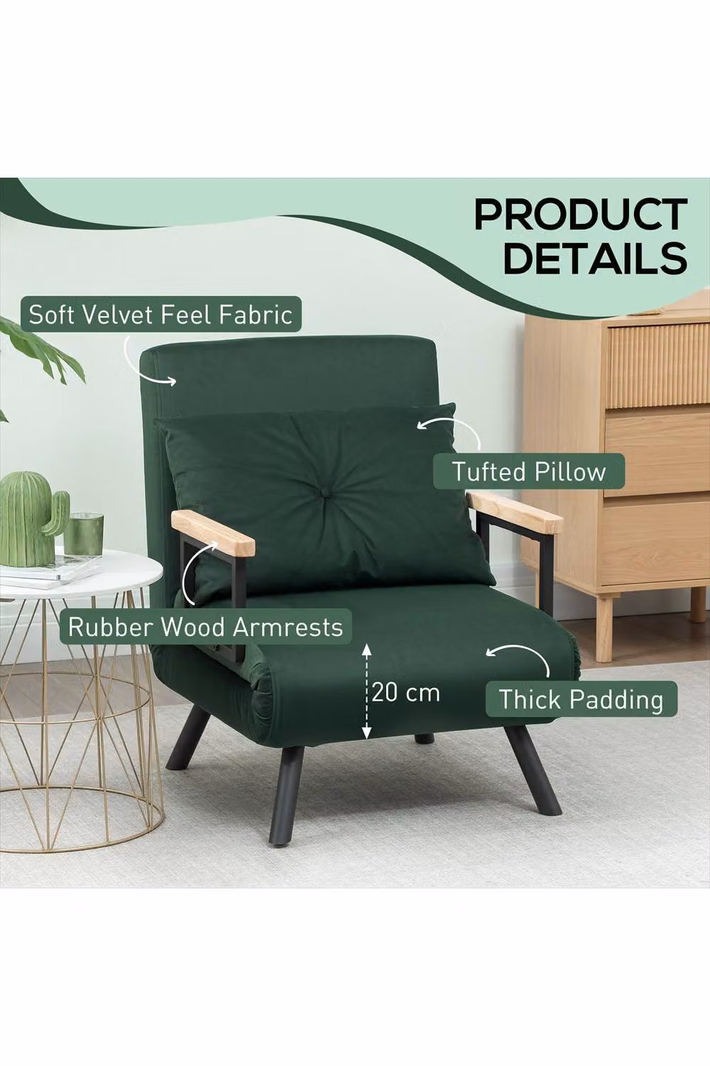 ERGOVEXA 4-in-1 Velvet Single Chair Bed in Green – 3
