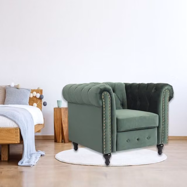 Furniture One Mid-Century Green Velvet Tub Armchair