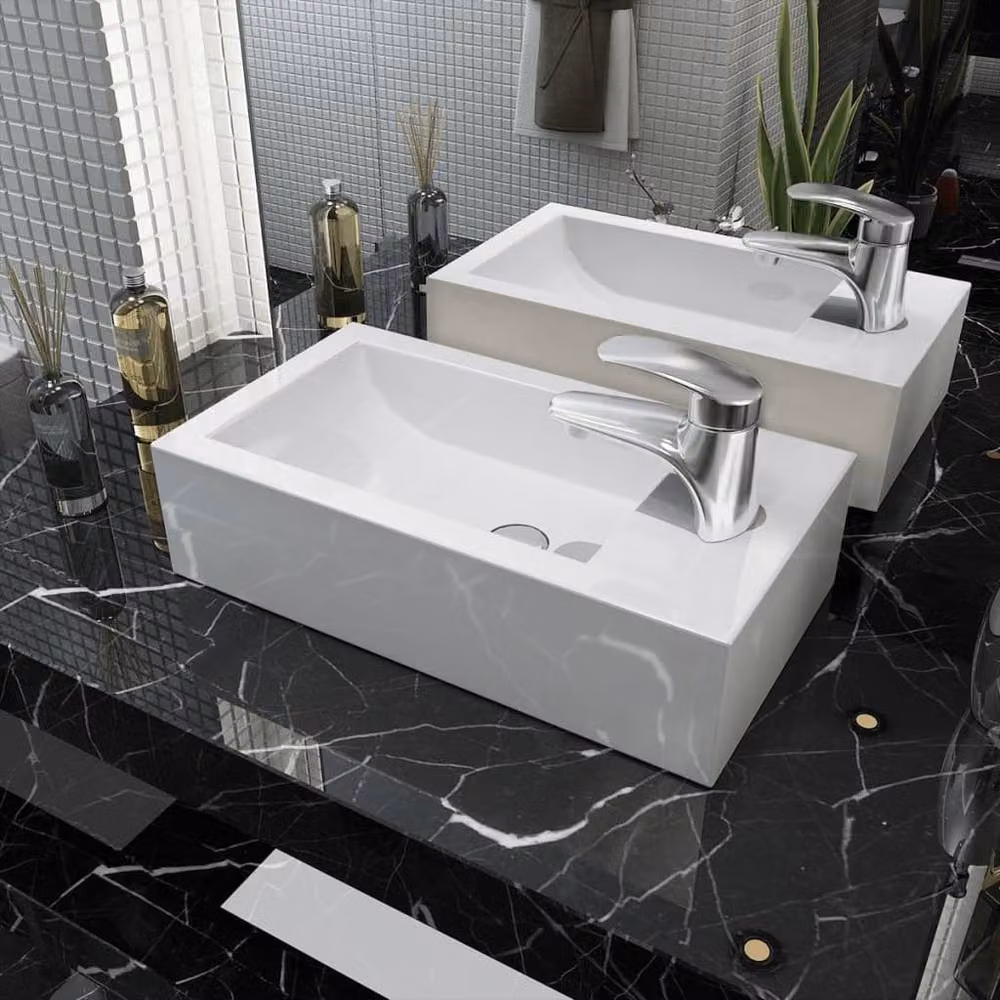 Berkfield Rectangular Ceramic Home Basin with Faucet Hole, White, W: 46 cm, D: 25.5 cm, H: 12 cm – 2