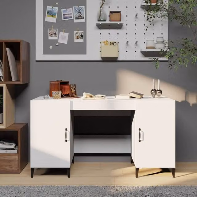 Berkfield Home White Writing Desk in Engineered Wood, W/D/H: 140 x 50 x 75 cm