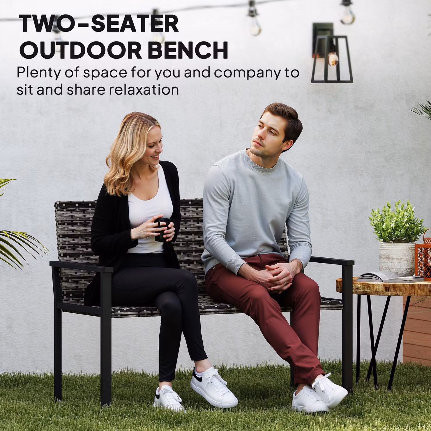 Outsunny 2 Seater Rattan Garden Bench with Armrests and Quick-Drying Cushions, Mixed Grey – 4