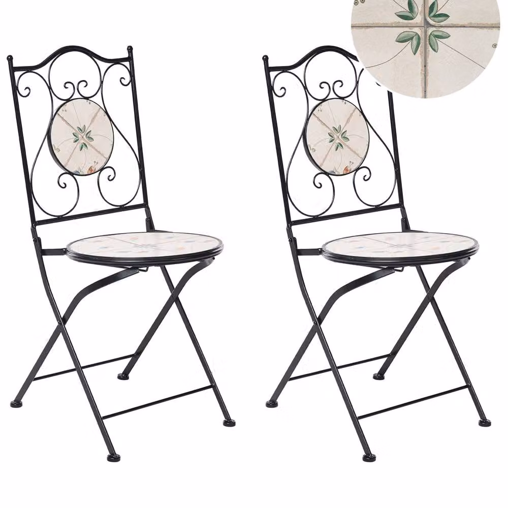 Wyld and Coco Set of 2 Black Iron Folding Garden Chairs with Round Floral Ceramic Mosaic Seats – 2