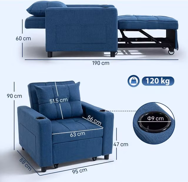 HOMCOM 3-in-1 Single Sofa Bed with Adjustable Backrest and Armrests, Blue