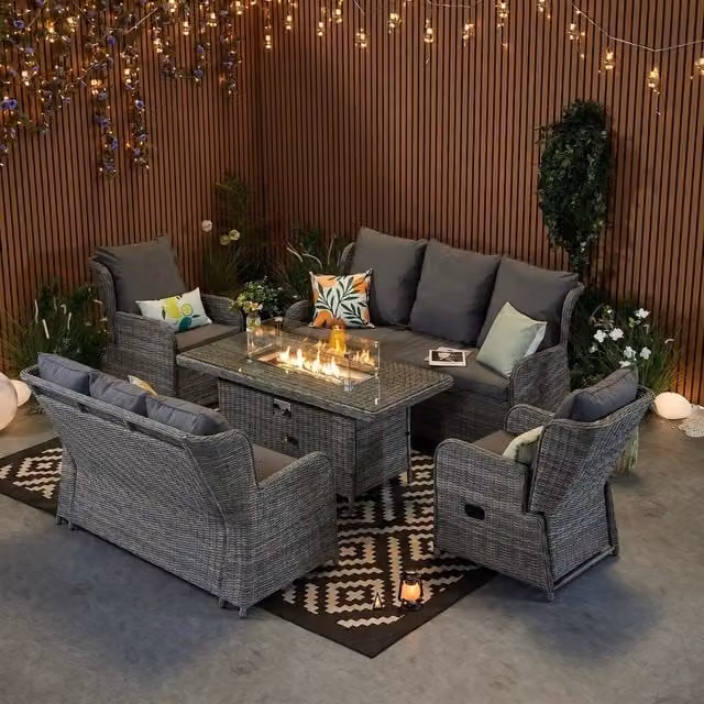 Furniture One Modern Grey Rattan Garden Furniture Set with Fire Pit Table, Recliner Chairs and 3 Seater Sofa
