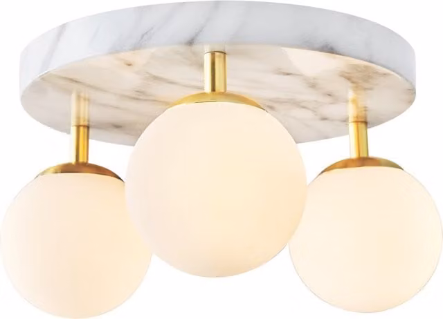 Litecraft Alanis 3 Light Modern Bathroom Flush Ceiling Light in Brass and Glass