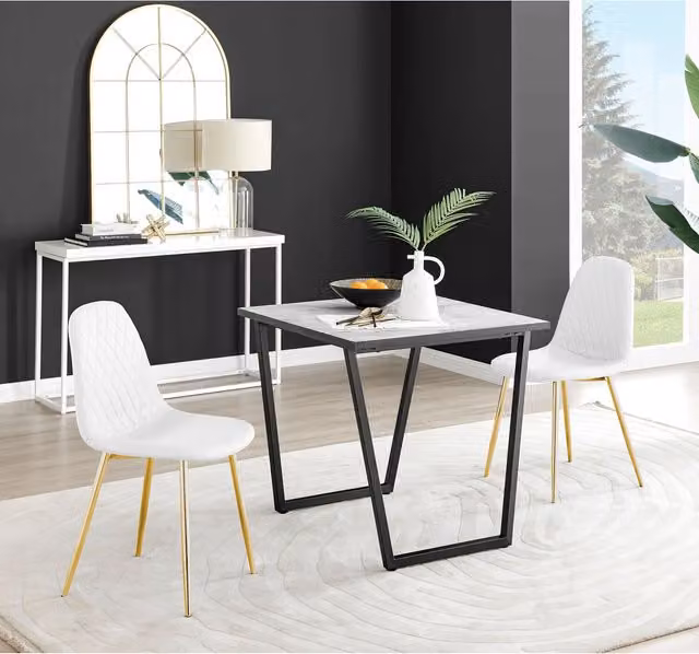 FurnitureboxUK Carson White Marble Effect Square Dining Table and 2 Corona Gold Leg Chairs Set