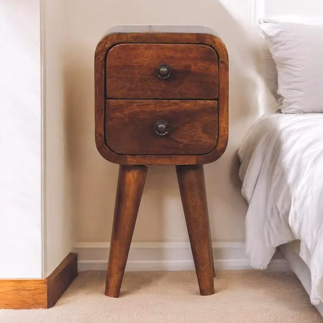 Aosom UK Solid Mango Wood Mini Curved Bedside Cabinet with 2 Drawers and Nordic Legs, Brown, W/D/H: 20 x 20 x 40 cm