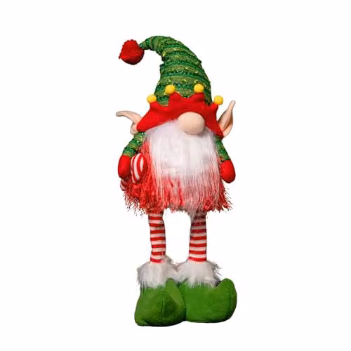 Samuel ALEXANDER Battery Operated Light Up Standing Christmas Elf Gonk with Warm White LEDs, Height: 46 cm, Red and Green Striped Textile