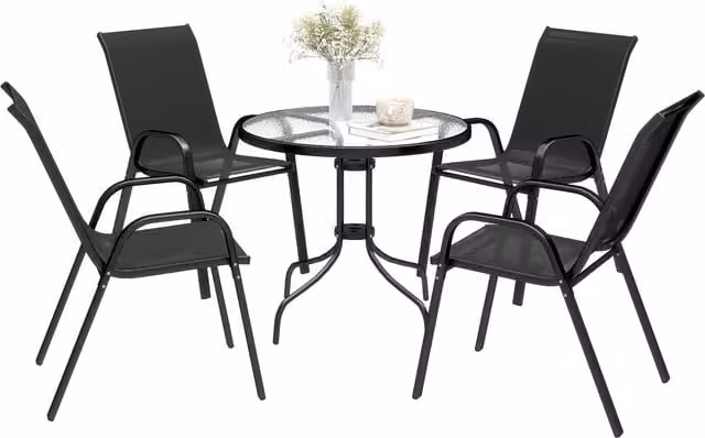 Outsunny Five-Piece Modern Patio Set with Round Glass-Top Table in Black Powder-Coated Steel