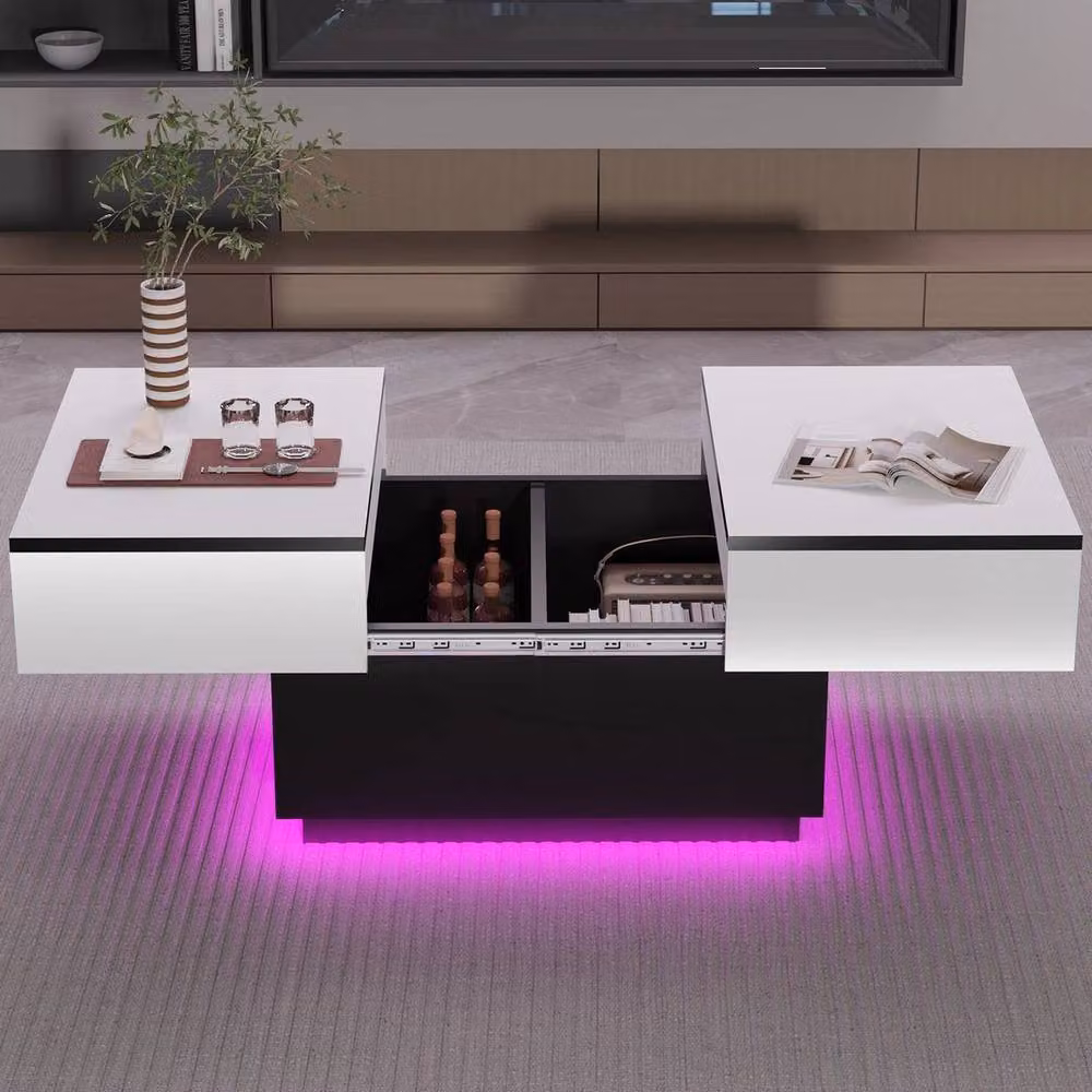 Korvixa Modern Extendable White Glossy Coffee Table with LED and Hidden Storage, W: 100 cm, D: 100 cm – 5