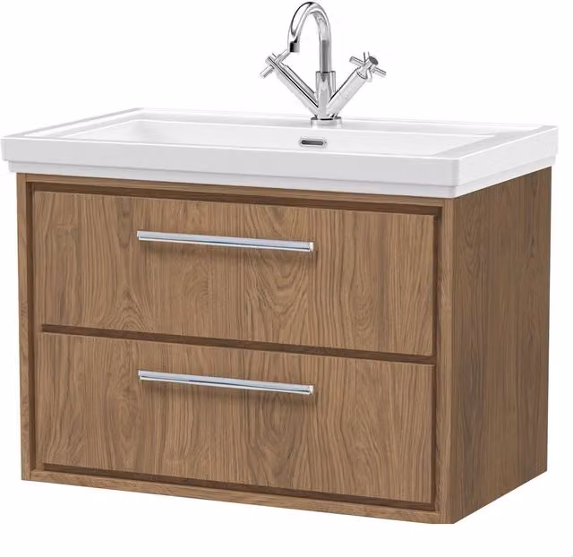 Balterley Longnor 2 Drawer Wall Hung Vanity Basin Unit in Antique Oak Brown, Width: 80 cm