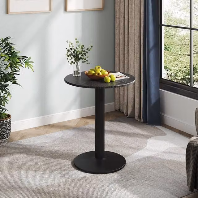 Komore Minimalist Round Cafe Table with Metal Base in Black, Diameter: 59 cm
