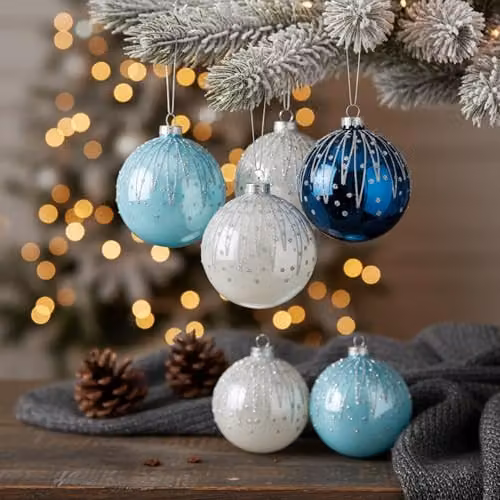 Shatchi 12-Piece Set of Blue and White Glass Christmas Baubles, 8 cm Round Hanging Ornaments – 8