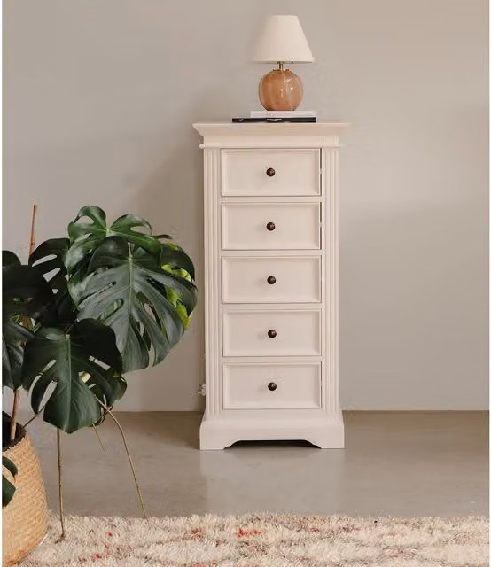 Gainsborough Tallboy Narrow Chest in Vintage Cream with Round Antique Brass Handles, H 118 x W 42.5 x D 55 cm