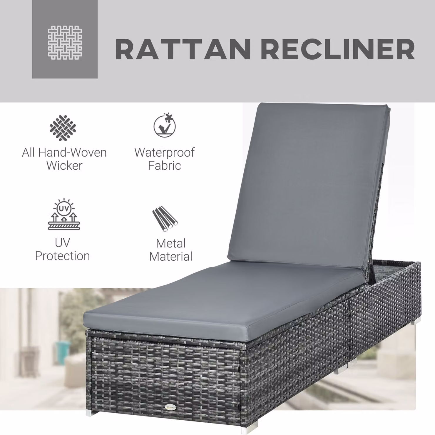 Outsunny Rattan Sun Lounger with Adjustable Recliner and Padded Cushion in Grey – 4