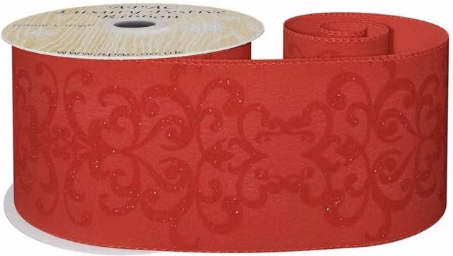 KDMD Red Wired Ribbon with Flocked Pattern, Width: 6.3 cm, Length: 10 yards