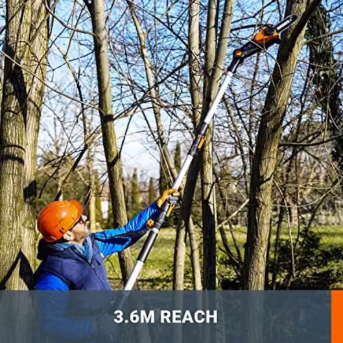 WORX WG349E Cordless 18V 20cm Telescopic Pole Chainsaw in Orange with 2Ah Lithium-Ion Battery and Charger – 4