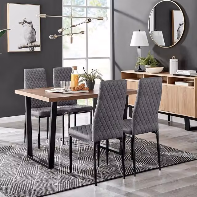FurnitureboxUK Kylo Brown Wood Effect Dining Table and 4 Grey Velvet Milan Chairs with Black Legs