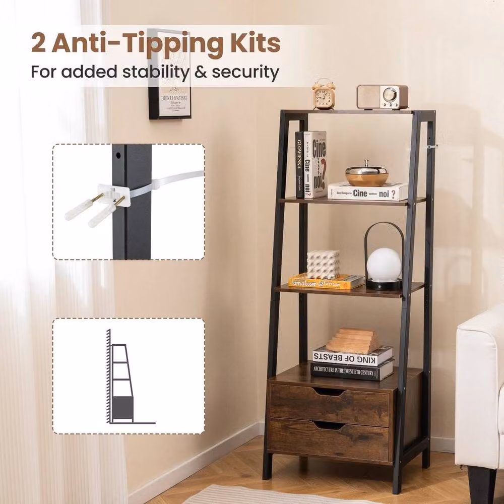 KORVIXA Tall Freestanding Display Rack with 4 Open Shelves in Brown Metal – 5