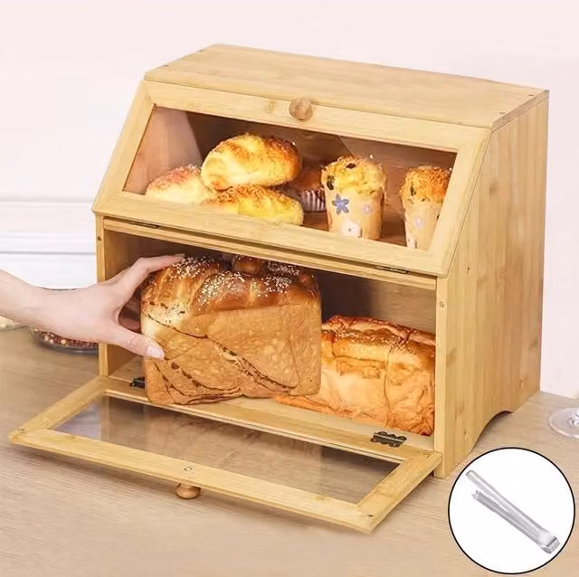 Hinsinc Double Layer Bamboo Wooden Bread Box Storage Container, Beige, W: 32.0 cm, D: 39.0 cm, H: 1.0 cm – 1