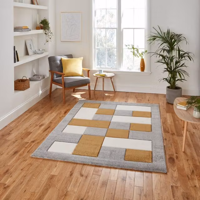 Terrys Modern Abstract Rectangular Rug in Grey and Yellow, W: 200 cm, D: 290 cm