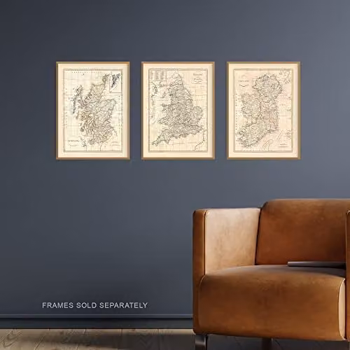 Artery8 Set of 3 Vintage British Isles Map Wall Art Prints, Beige, W: 21.0 cm, H: 29.7 cm
