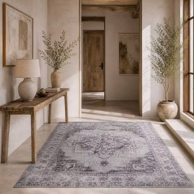 Wyld Haus Vera Grey Floral Vintage Style Non Slip Washable Polyester Rectangular Rug W: 274 cm, D: 183 cm