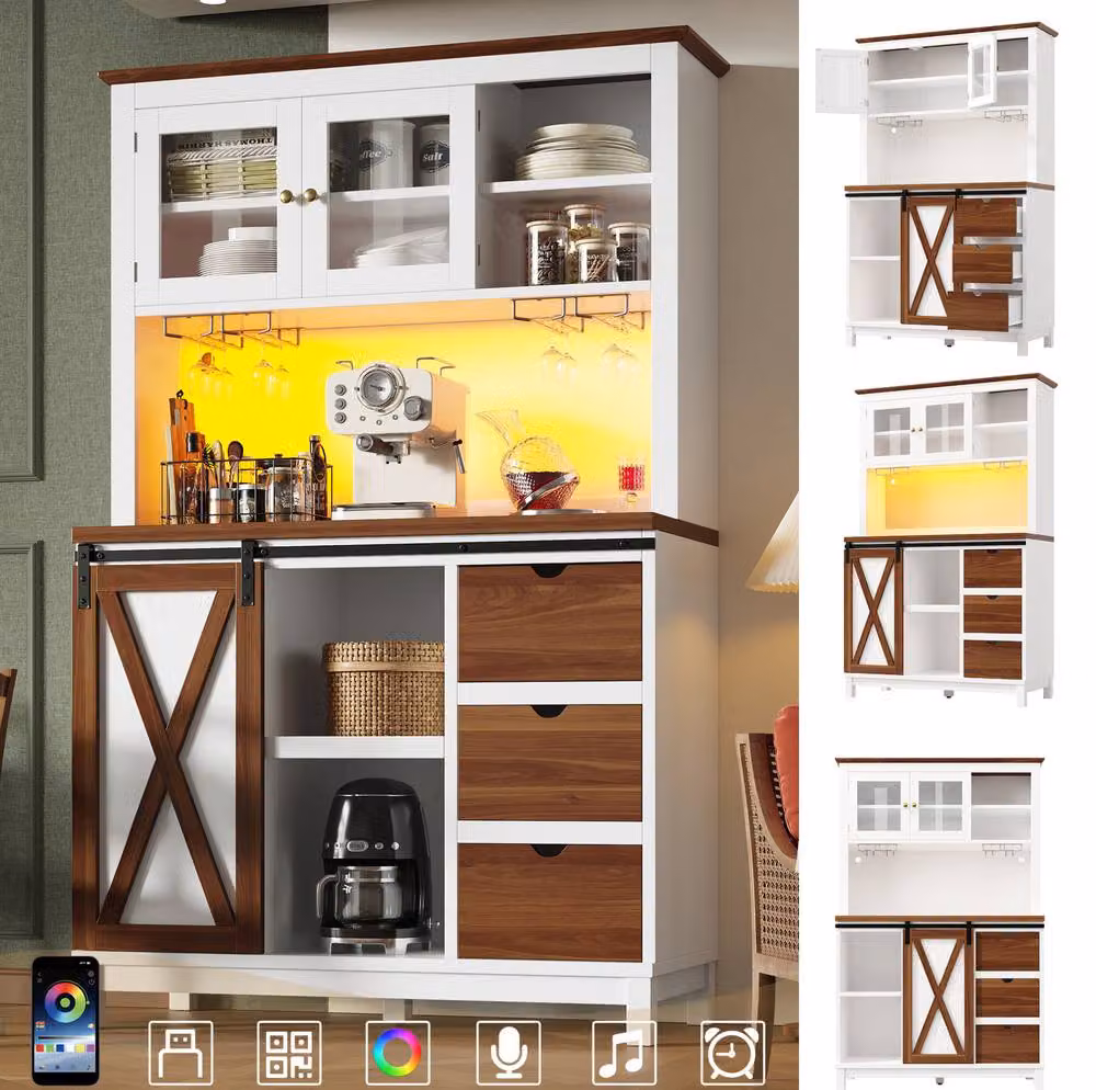 STILVORA Modern Tall Kitchen Cabinet with Integrated LED Lighting and White Sliding Glass Doors – 2