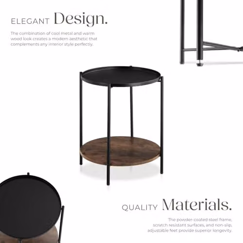 tectake Round Side Table with 2 Shelves and Metal Frame in Black and Brown, Ø 45.5 x H 54.5 cm – 5