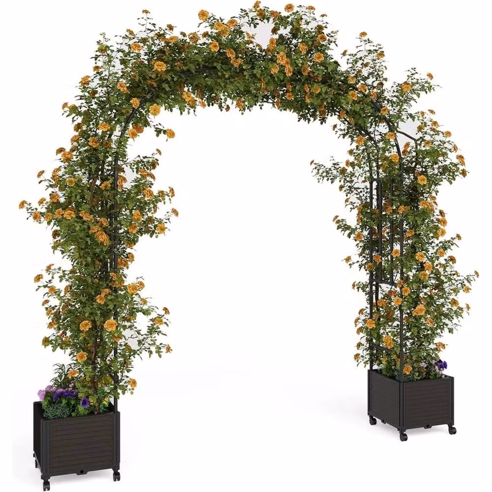 VOGREX Black Metal Garden Arch with Trellis Planter Box and Wheels, Height: 100 cm – 4