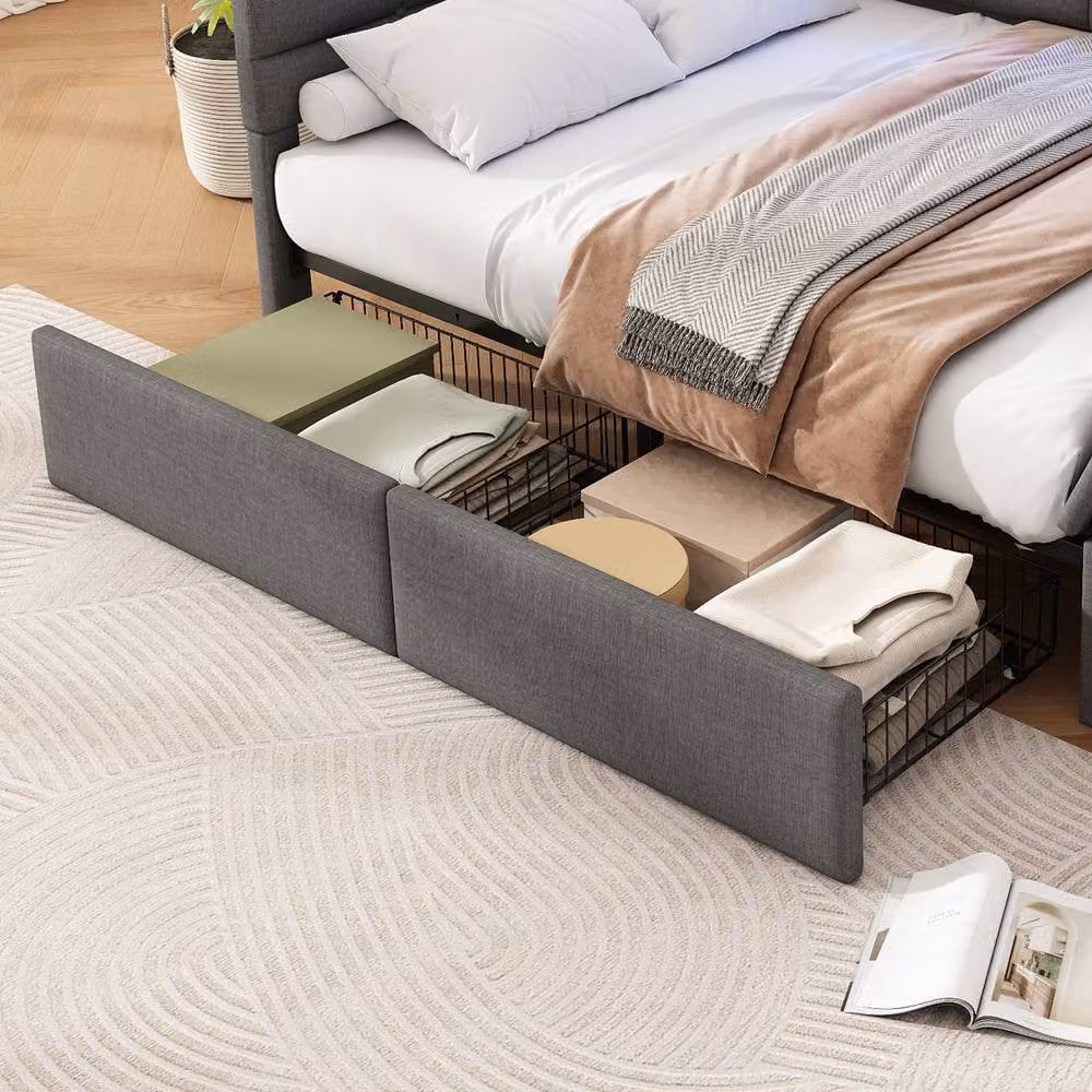ModernLuxe Upholstered Double Bed in Grey with LED Lighting, Storage Drawers, USB Charging Port and Bedside Shelf, W/D/H: 140 x 190 x 65.25 cm – 6