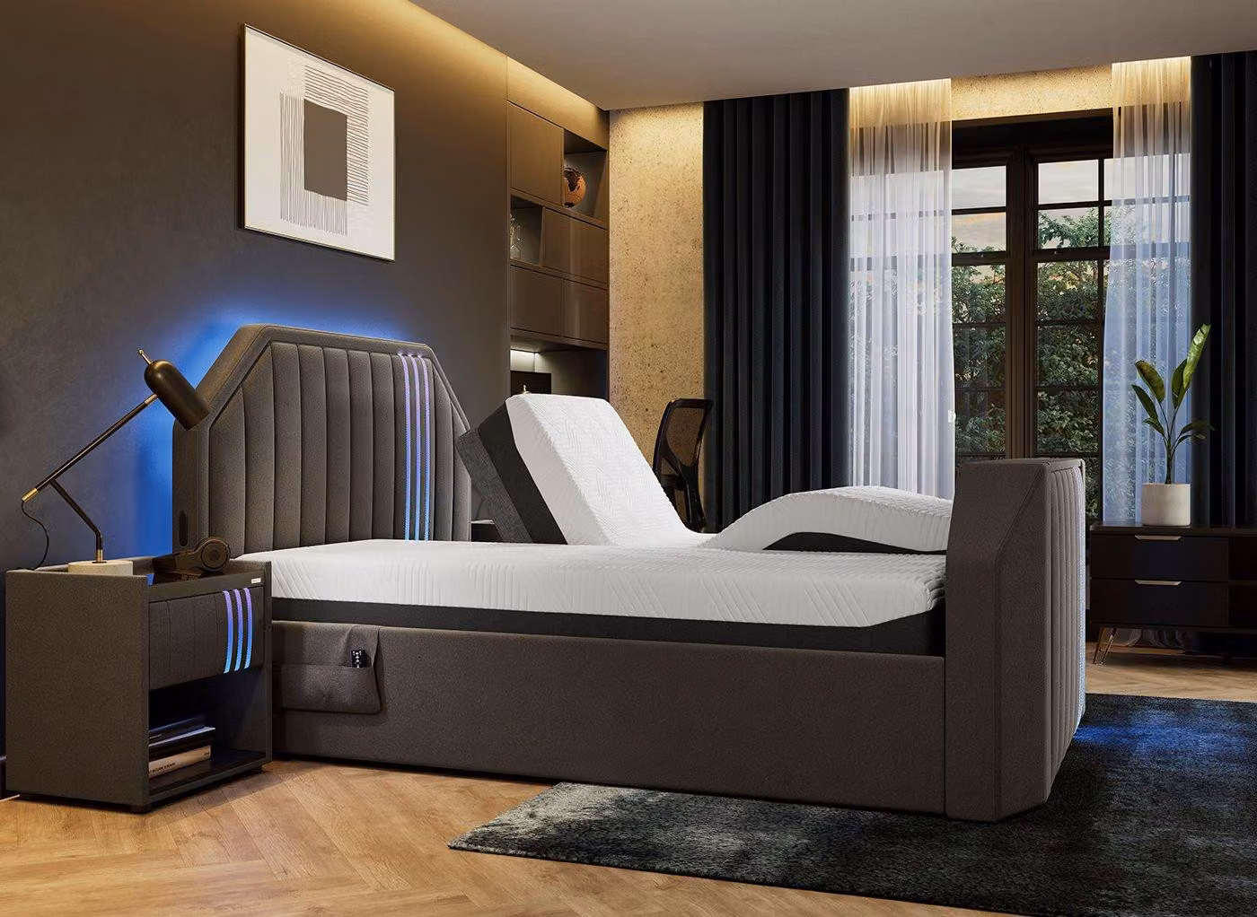 Dreams Nocturna Adjustable TV Bed in Grey Upholstered Fabric with Wireless Remote and Under-Bed Lighting