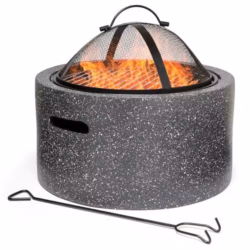 VonHaus 2-in-1 Fire Pit and BBQ Cooking Grill with Mesh Cover and Poker, Grey Stone Effect MgO Material – 1