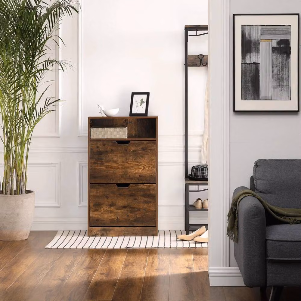 KORVIXA Rustic Brown Wood Shoe Cabinet with Tilting Compartments and Internal Shelves W/D/H: 100 x 100 x 100 cm – 3