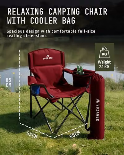 Voyager 2 Pack Folding Camping Chairs with Cooler Bag in Black and Red – 2