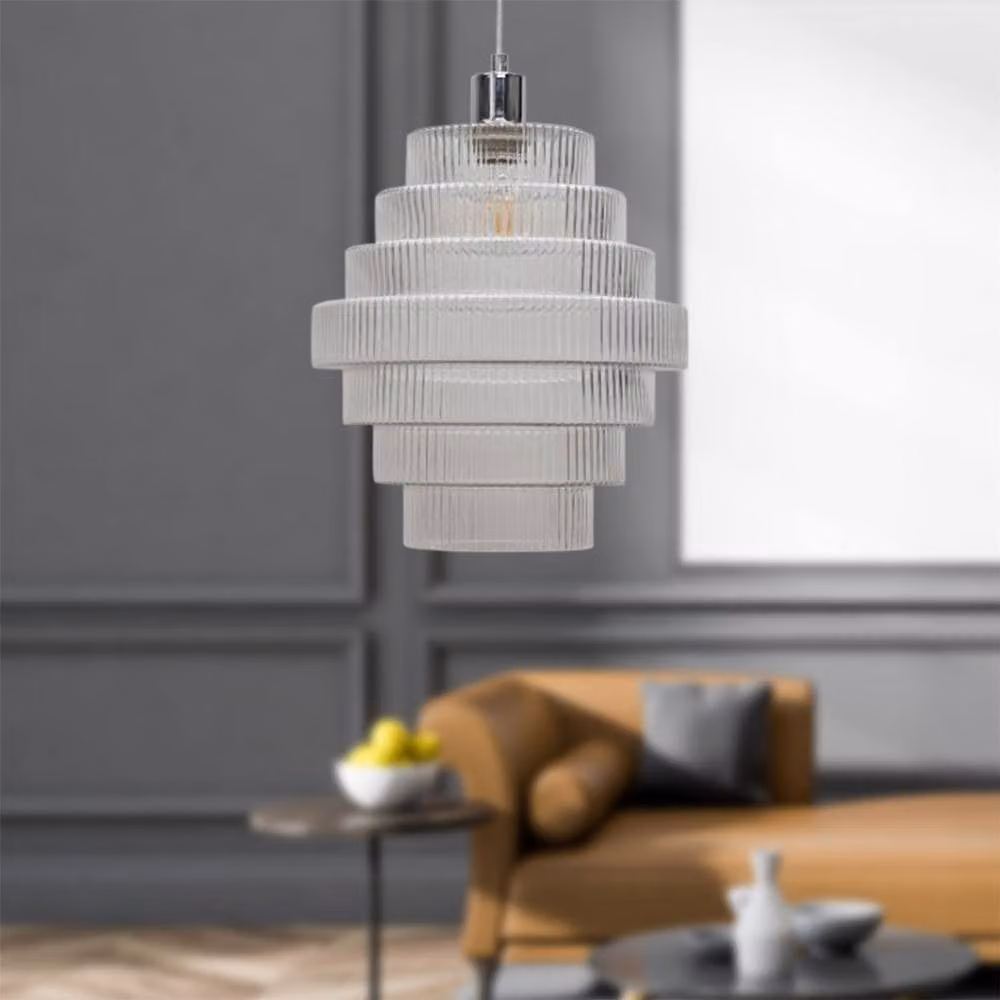 First Choice Lighting Benson 7 Tier Large Transparent Glass and Chrome Ceiling Pendant Light Height: 113 cm, Width: 29.5 cm, Depth: 29.5 cm – 2