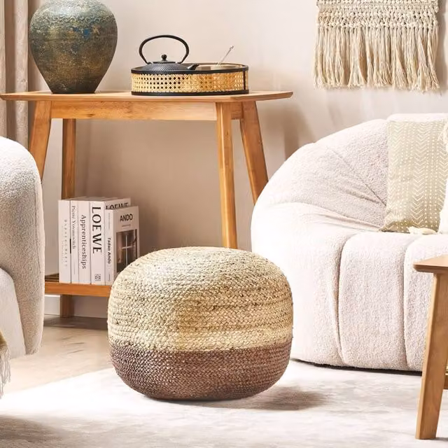 Wyld and Coco Round Jute Pouffe in Brown, W/D/H: 50 x 50 x 40 cm