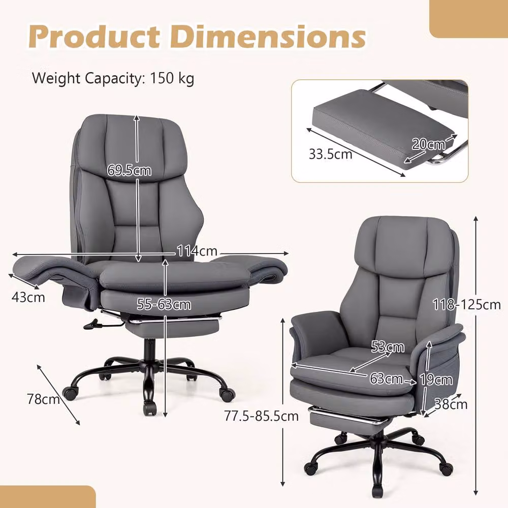 Gymax Grey Leather Executive Office Chair with Headrest and Armrests – 2