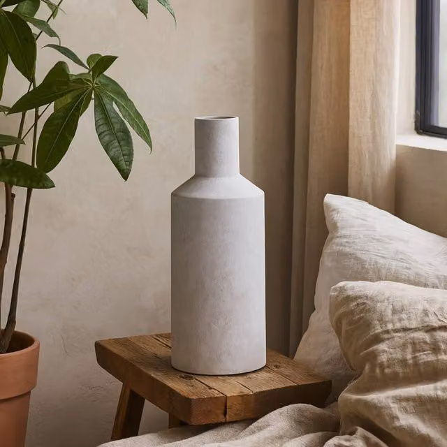 Wyld Haus Terra White Stoneware Textured Bottle Vase, H 35.0 cm x W 13.0 cm x D 13.0 cm