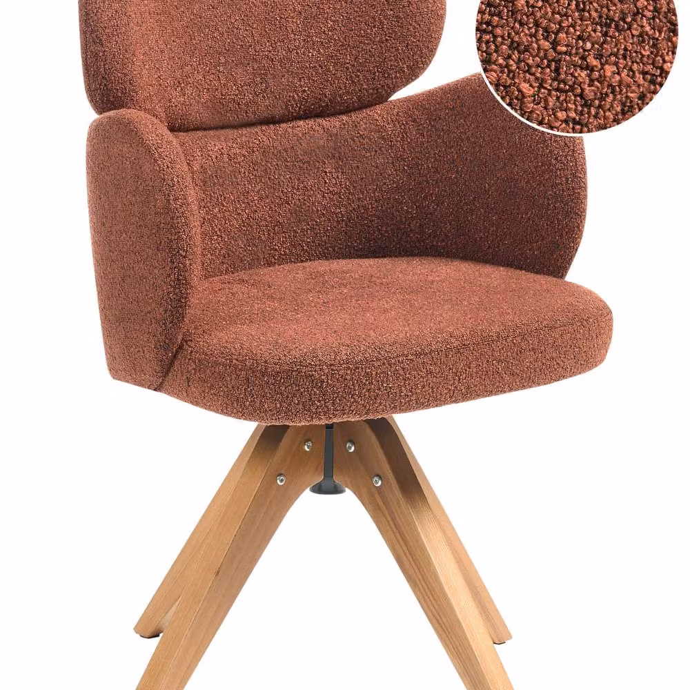 Wyld and Coco Swivel Dining Chair in Orange Boucle with Oak Wood Arms – 2