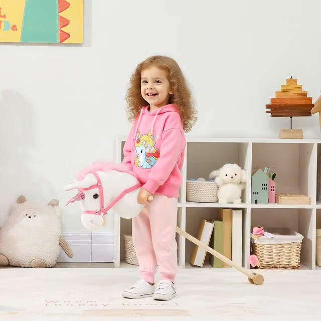 AIYAPLAY Unicorn Stick Horse with Wheels and Sound Effects, White