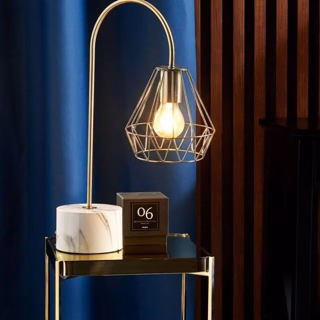 Wyld and Coco Brass Diamond Cage Table Lamp with Bronze and Grey Marble-Like Base