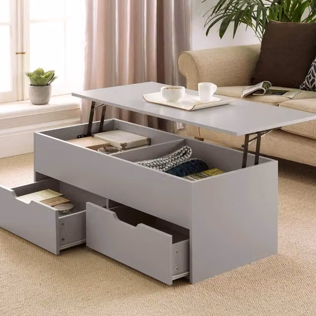 Home Source Grey Wooden Coffee Table with Lift Up Top and 2 Large Storage Drawers – 1