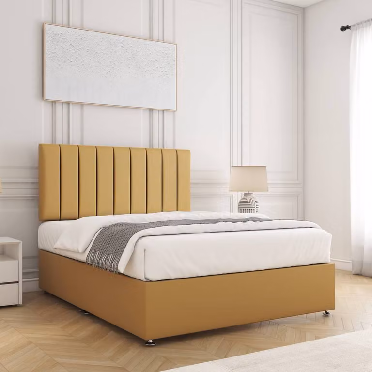 BSSPOKE Aria Small Double Divan Bed Set with 24 inch Plush Velvet Headboard and Mattress in Mustard Yellow