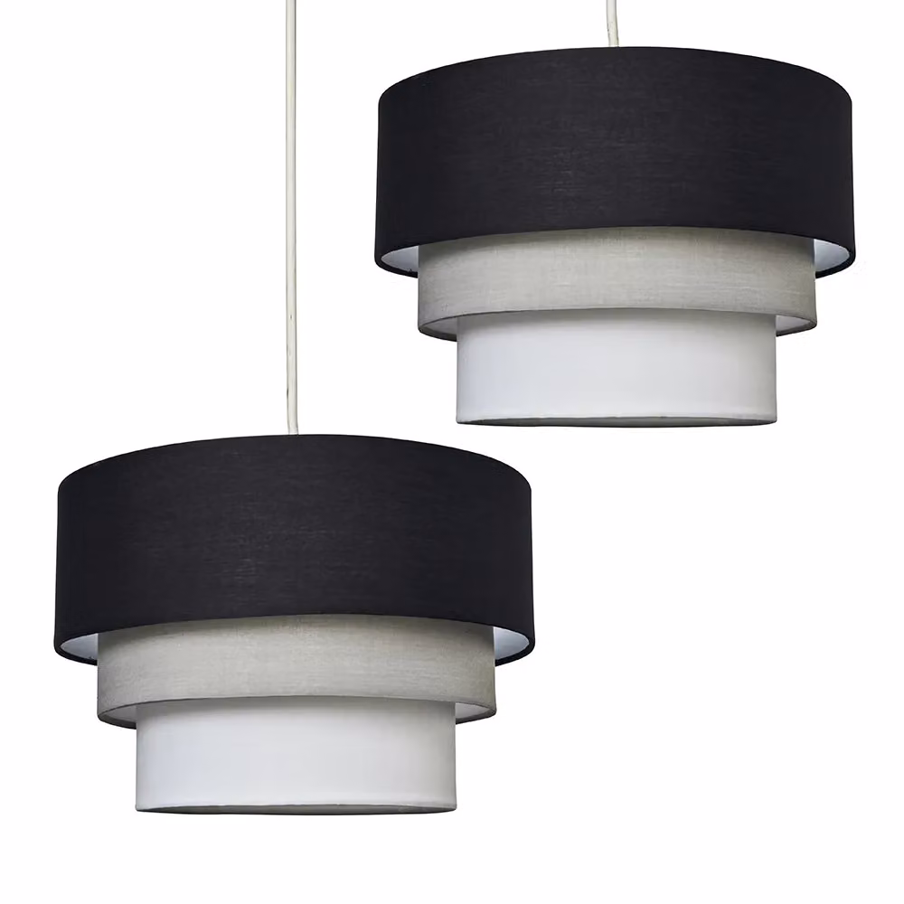 ValueLights Modern Round Three Tier Fabric Ceiling Pendant Light Shades in Black, Grey or White, Set of 2, Shade Width: 30 cm – 2