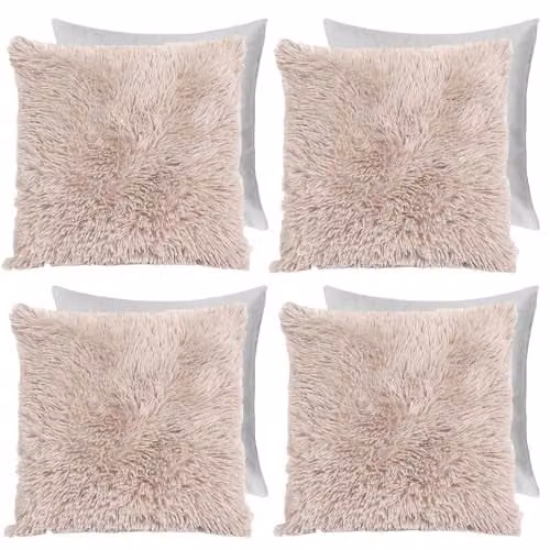 Sienna Pack of 4 Soft Fluffy Plush Coral Fleece Square Cushion Covers in Beige or Brown, W/D/H: 45 x 45 x 45 cm