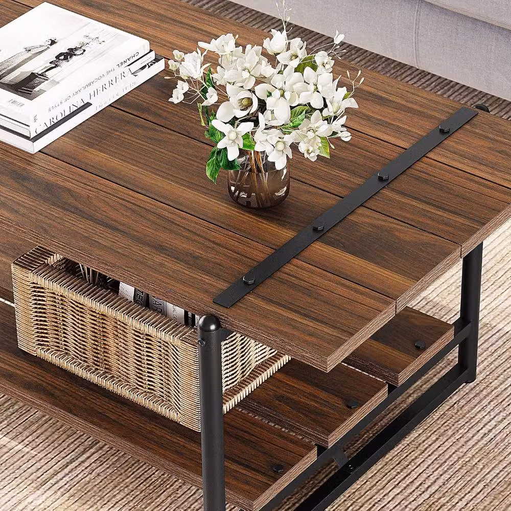 London Boutique 2-Tier Rectangular Coffee Table and Sofa Side Table with Shelf in Walnut Brown – 6