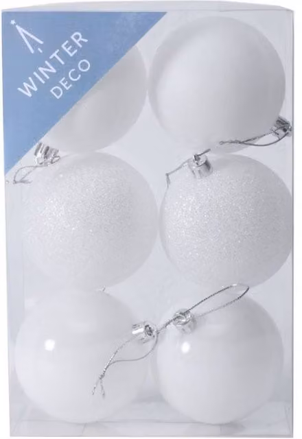 KDMD 2 Pack of 6 White Shatterproof Round Christmas Baubles, Diameter: 8 cm